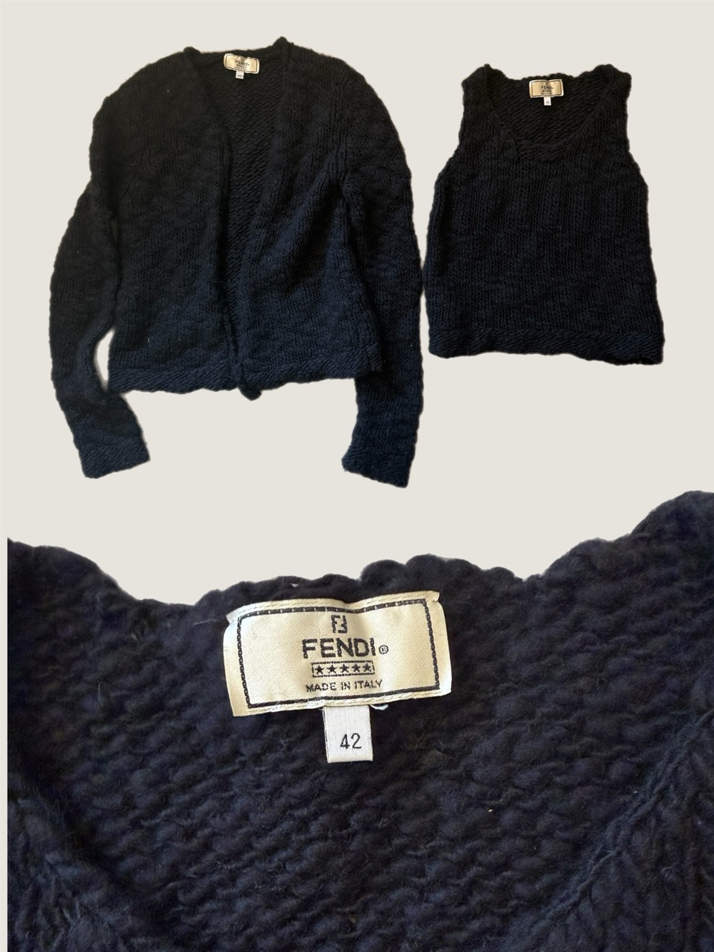 Fendi Black V-Neck Sweater Set (Cardigan + Tank)